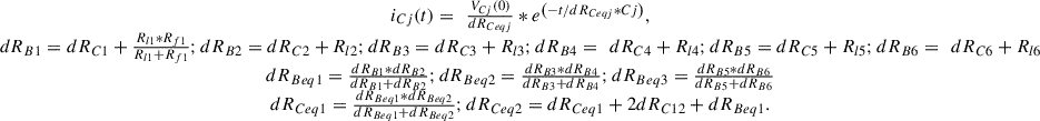 Mathematical equation: $$ \begin{array}{c}{i}_{{Cj}}(t)=\enspace \frac{{V}_{{Cj}}(0)}{{{dR}}_{{Ceqj}}}*{e}^{\left(-t/{{dR}}_{{Ceqj}}{*Cj}\right)},\\ {{dR}}_{B1}={{dR}}_{C1}+\frac{{R}_{l1}*{R}_{f1}}{{R}_{l1}+{R}_{f1}};{{dR}}_{B2}={{dR}}_{C2}+{R}_{l2};{{dR}}_{B3}={{dR}}_{C3}+{R}_{l3};{{dR}}_{B4}=\enspace {{dR}}_{C4}+{R}_{l4};{{dR}}_{B5}={{dR}}_{C5}+{R}_{l5};{{dR}}_{B6}=\enspace {{dR}}_{C6}+{R}_{l6}\\ {{dR}}_{{Beq}1}=\frac{{{dR}}_{B1}*{{dR}}_{B2}}{{{dR}}_{B1}+{{dR}}_{B2}};{{dR}}_{{Beq}2}=\frac{{{dR}}_{B3}*{{dR}}_{B4}}{{{dR}}_{B3}+{{dR}}_{B4}};{{dR}}_{{Beq}3}=\frac{{{dR}}_{B5}*{{dR}}_{B6}}{{{dR}}_{B5}+{{dR}}_{B6}}\\ {{dR}}_{{Ceq}1}=\frac{{{dR}}_{{Beq}1}*{{dR}}_{{Beq}2}}{{{dR}}_{{Beq}1}+{{dR}}_{{Beq}2}};{{dR}}_{{Ceq}2}={{dR}}_{{Ceq}1}+2{{dR}}_{C12}+{{dR}}_{{Beq}1}.\end{array} $$