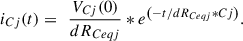 Mathematical equation: $$ {i}_{{Cj}}(t)=\enspace \frac{{V}_{{Cj}}(0)}{{{dR}}_{{Ceqj}}}*{e}^{\left(-t/{{dR}}_{{Ceqj}}{*Cj}\right)}. $$
