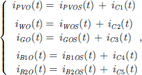 Mathematical equation: $$ \left\{\begin{array}{c}\genfrac{}{}{0pt}{}{\begin{array}{c}{i}_{{PVO}}(t)=\enspace {i}_{{PVOS}}(t)\enspace +\enspace {i}_{C1}(t)\\ {i}_{{WO}}(t)=\enspace {i}_{{WOS}}(t)\enspace +\enspace {i}_{C2}(t)\end{array}}{{i}_{{GO}}(t)=\enspace {i}_{{GOS}}(t)\enspace +\enspace {i}_{C3}(t)}\\ \genfrac{}{}{0pt}{}{{i}_{B1O}(t)=\enspace {i}_{B1{OS}}(t)\enspace +\enspace {i}_{C4}(t)}{{i}_{B2O}(t)=\enspace {i}_{B2{OS}}(t)\enspace +\enspace {i}_{C5}(t)}\end{array}\right., $$