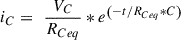 Mathematical equation: $ {i}_C=\enspace \frac{{V}_C}{{R}_{{Ceq}}}*{e}^{\left(-t/{R}_{{Ceq}}{*C}\right)}$