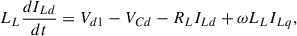 Mathematical equation: $$ {L}_L\frac{d{I}_{Ld}}{dt}={V}_{d1}-{V}_{Cd}-{R}_L{I}_{Ld}+\omega {L}_L{I}_{Lq}, $$