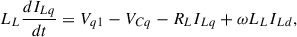 Mathematical equation: $$ {L}_L\frac{d{I}_{Lq}}{dt}={V}_{q1}-{V}_{Cq}-{R}_L{I}_{Lq}+\omega {L}_L{I}_{Ld}, $$