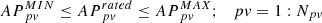 Mathematical equation: $$ {AP}_{pv}^{MIN}\le {AP}_{pv}^{rated}\le {AP}_{pv}^{MAX};\kern1em pv=1:{N}_{pv} $$