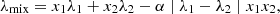 Mathematical equation: $$ {\lambda}_{\textrm{mix}}={x}_1{\lambda}_1+{x}_2{\lambda}_2-\alpha \mid {\lambda}_1-{\lambda}_2\mid {x}_1{x}_2, $$