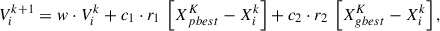 Mathematical equation: $$ {V}_i^{k+1}=w\cdot {V}_i^k+{c}_1\cdot {r}_1\ \left[{X}_{pbest}^K-{X}_i^k\right]+{c}_2\cdot {r}_2\ \left[{X}_{gbest}^K-{X}_i^k\right], $$