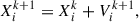 Mathematical equation: $$ {X}_i^{k+1}={X}_i^k+{V}_i^{k+1}, $$