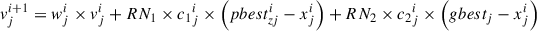 Mathematical equation: $$ {v}_j^{i+1}={w}_j^i\times {v}_j^i+R{N}_1\times {c_1}_j^i\times \left( pbes{t}_{zj}^i-{x}_j^i\right)+R{N}_2\times {c_2}_j^i\times \left( gbes{t}_j-{x}_j^i\right) $$