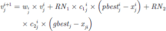 Mathematical equation: $$ {v}_j^{i+1}={w}_j^i\times {v}_j^i+R{N}_1\times {c_1}_j^i\times \left( pbes{t}_j^i-{x}_j^i\right)+R{N}_2\times {c_2}_j^i\times \left( gbes{t}_j-{x}_{ji}\right) $$