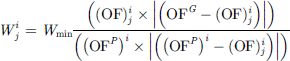 Mathematical equation: $$ {W}_j^i=W_{\mathrm{min}{\frac{\left({\left(\mathrm{OF}\right)}_j^i\times \left|\left({\mathrm{OF}}^G-{\left(\mathrm{OF}\right)}_j^i\right)\right|\right)}{\left({\left({\mathrm{OF}}^P\right)}^i\times \left|\left({\left({\mathrm{OF}}^P\right)}^i-{\left(\mathrm{OF}\right)}_j^i\right)\right|\right)}}} $$